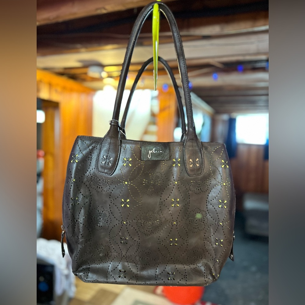 Petunia brown laser print GENUINE LEATHER tote